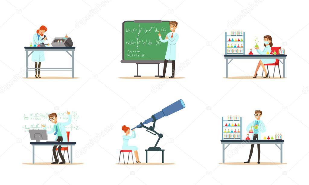 Biologists, Chemists and Physicists Engaged in Science Research and Experiment Vector Set