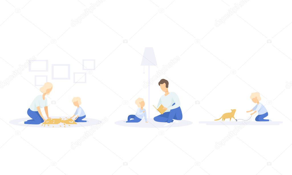 Family Lifestyle Set, Mom and Son Solving Jigsaw Puzzle, Dad Reading Book to his Son, Boy Playing with Cat Vector Illustration