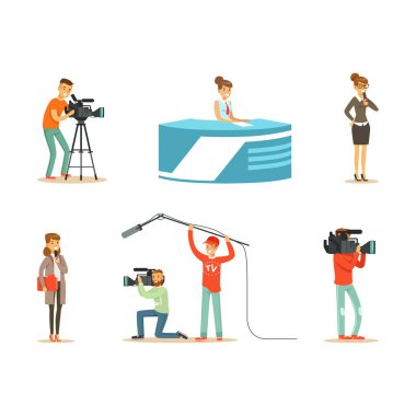 Profesyonel Kameramanlar ve Gazetecilerden oluşan Haber Programı Canlı Televizyon Vector Set Yayını.