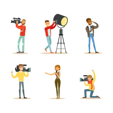 Profesyonel Kameramanlar ve Gazetecilerden oluşan Haber Programı Canlı Televizyon Vector Set Yayını.
