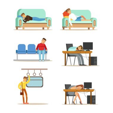 Çeşitli Yerlerde Farklı Konumlarda Uyuyan Karakterler Vektör Ayarları