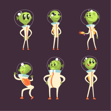 Şirin Yeşil Uzaylı Ziyaretçileri Uzay Giysilerinde Gülümseyen ve Pozlandırma Vektörü Ayarları