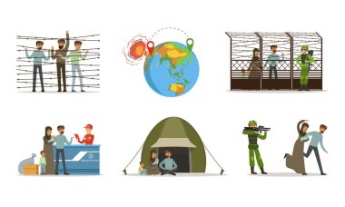 Stateless Refugees or Displaced People Crossing National Boundary Escaping War and Poverty Vector Illustration Set clipart