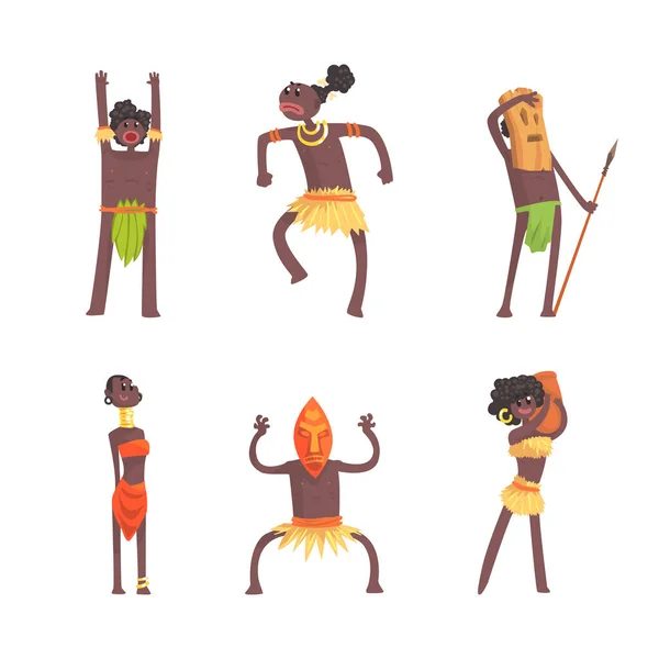 Africké lidové postavy Tančící lidový nebo rituální taneční vektor sada — Stockový vektor