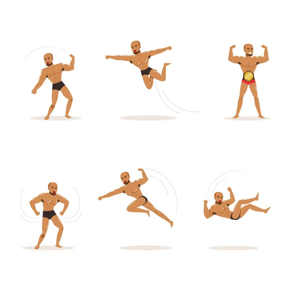 Freestyle Wrestling Fighter In Black Underwear Engaged in Violent Fight Vector Set — 스톡 벡터