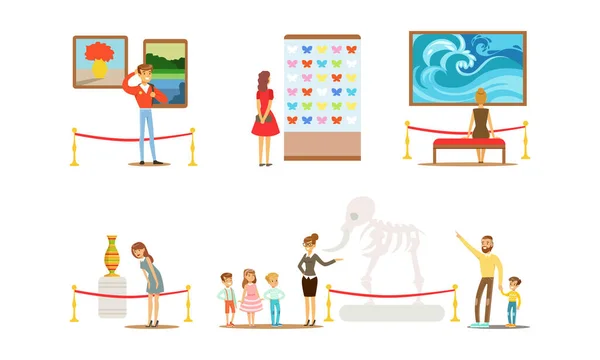 People Characters Visiting Museum and Art Gallery Vector Illustration Set — Stockový vektor