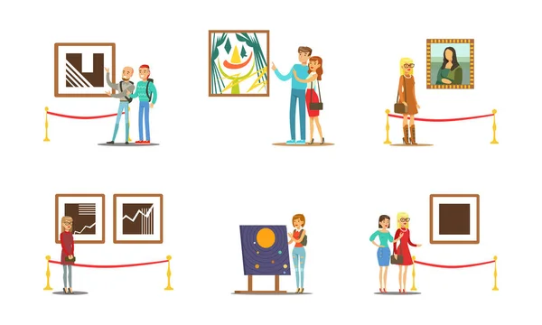 People Characters Visiting Museum and Art Gallery Vector Illustration Set — Stock Vector