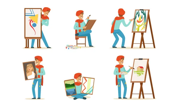 Glimlachend kunstenaar in rode baret schilderen met penseel op tekenen Ezelvectorset — Stockvector