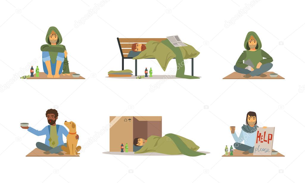 Homeless People Characters Living on the Streets Looking Hungry and Dirty Vector Set