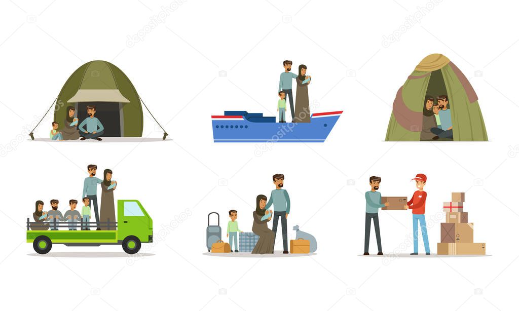 Stateless Refugees or Displaced People Crossing National Boundary Escaping War and Poverty Vector Illustration Set