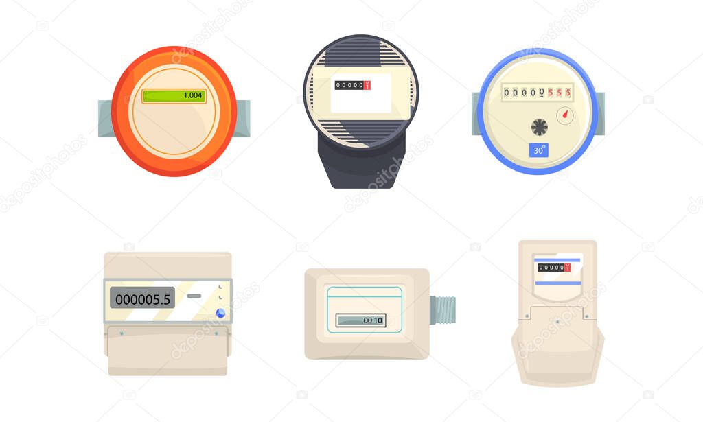 Electric Power, Gas, Water Meter for Measuring Supply and Use of Public Facilities Vector Set