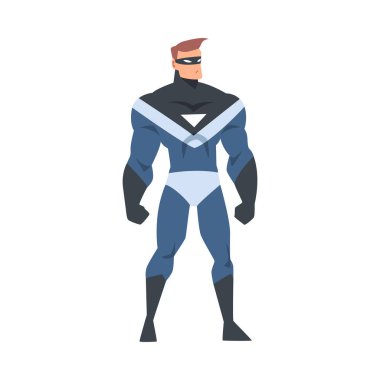 Siyah ve Mavi Kostümlü Erkek Süper Kahraman Çizgi Filmi Vektör Çizimi