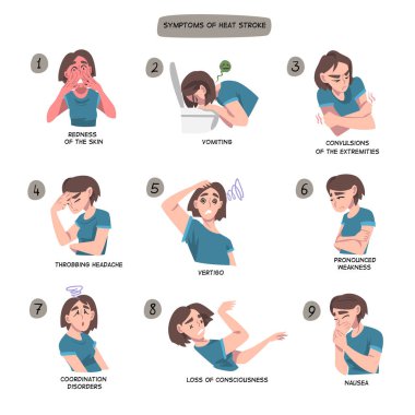 Symptoms of Heart Stroke Set, Woman Suffering from Nausea, Vomiting, Convulsions of the Extremities, Pronounced Weakness Cartoon Vector Illustration clipart