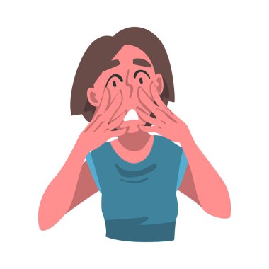 Yüzü Elleriyle Derisini Kaplayan Korkan Kız, Kalp Çarpıntısının Cilt Radyasyon Belirtisi Çizgi Film Gösterimi