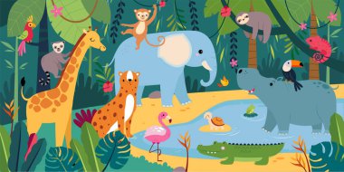 Egzotik Tropikal Manzara Üzerine Şirin Afrika Hayvanları, Savanna Yerleşimcileri Çizgi Film Vektör İllüzyonu