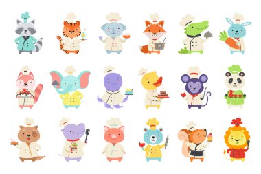 Şef Üniformalı Sevimli Hayvan Karakterleri Yemek Pişirme Lezzetli Tabaklar Çizgi Film Vektör İllüstrasyonu