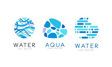 Su Logosu Tasarım Seti, Temiz Aqua Doğal Mavi Rozetler, Beyaz Arkaplanda Etiket Vektör Resimleri