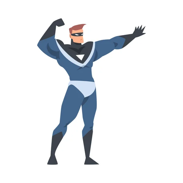 Krachtige Man Superheld Karakter in zwart en blauw kostuum Cartoon Vector Illustratie — Stockvector