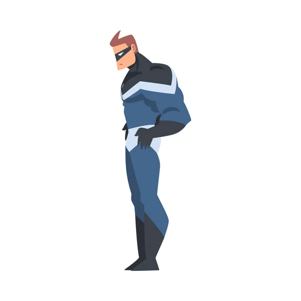 Side View of Man Superhero Character in Black and Blue Costume Cartoon Vector Illustration — Stock Vector