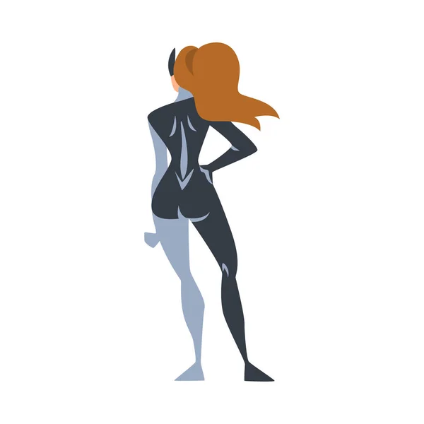 Pohled zezadu dívky Superhrdina postava v černém a šedém kostýmu karikatura vektorové ilustrace — Stockový vektor