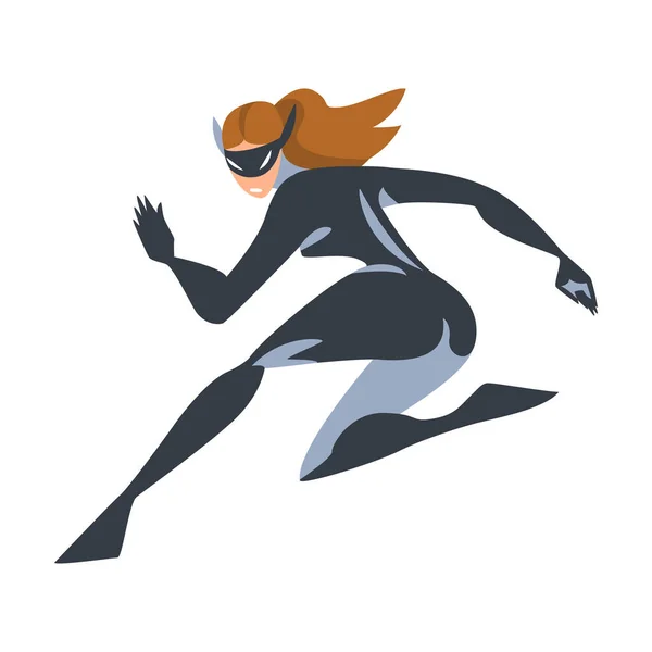 Runing Girl Superhero Character in Black and Gray Costume Cartoon Vector Illustration — Stock Vector