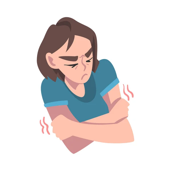 Mujer que tiene convulsiones de las extremidades, síntoma de accidente cerebrovascular Caricatura Vector Ilustración — Vector de stock