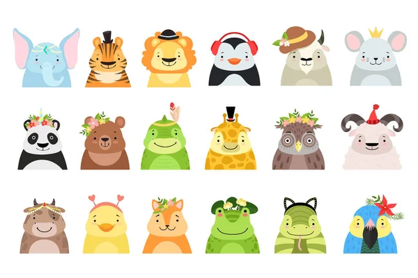 Sada roztomilé zvířecí postavy oblečené v různých hlavičkách Cartoon Vector Illustration — Stockový vektor