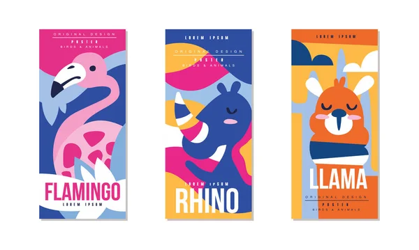 Animals and Birds Colorful Posters Set, Flamingo, Rhino, Llama Banner, Card, Cover, Broshure Template Design Vector Illustration