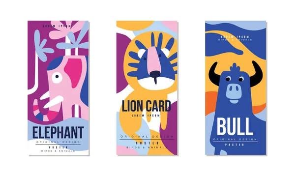 Dieren en Vogels Kleurrijke Posters Set, Olifant, Leeuw, Bull Banner, Kaart, Omslag, Brochure Template Ontwerp Vector Illustratie — Stockvector