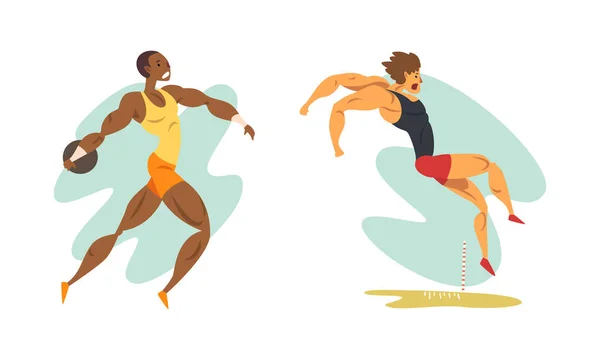 Athlètes d'athlétisme en action, saut en longueur, illustration vectorielle de bande dessinée de lancement de disque — Image vectorielle