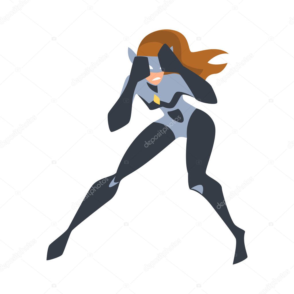 Beautiful Fighting Girl Superhero Character, Superwoman Dressed Black Costume and Mask Cartoon Vector Illustration