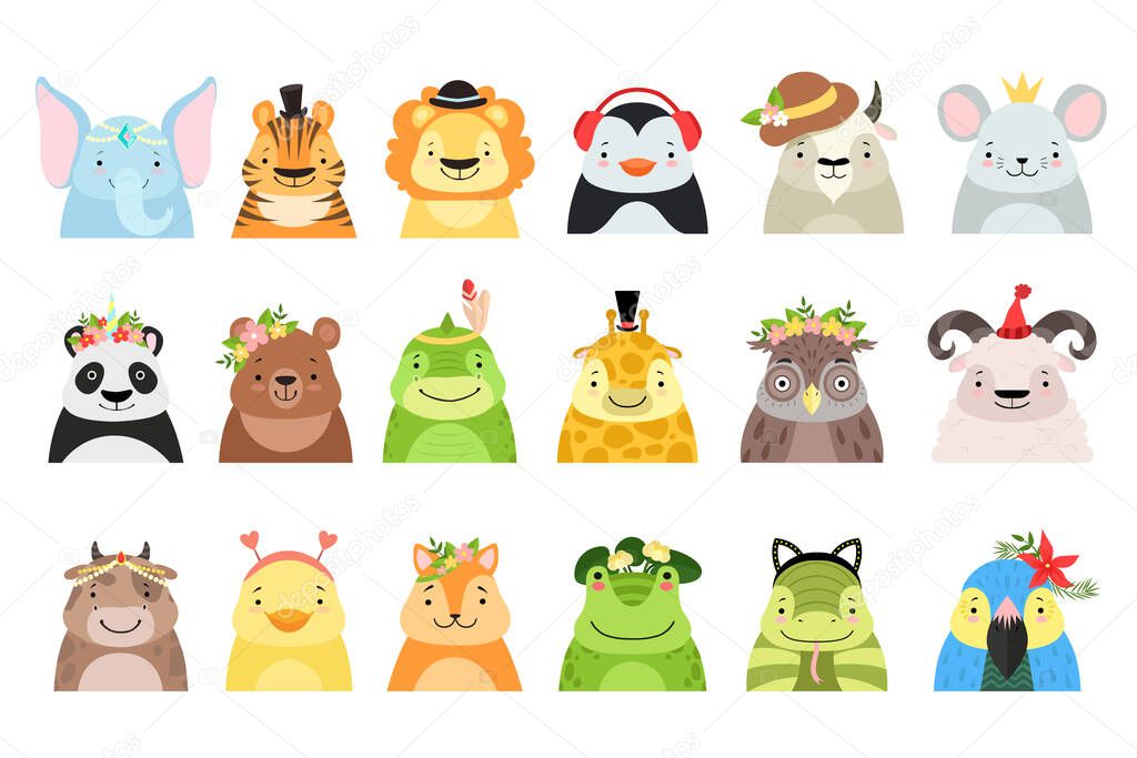 Set of Cute Adorable Animal Characters Dressed in Various Headdress Cartoon Vector Illustration