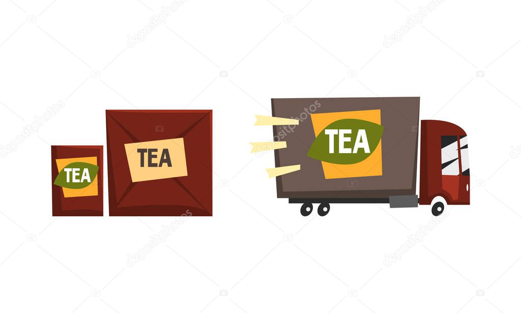 Tea Industry Production Set, Tea Truck and Cardboard Packaging Vector Illustration