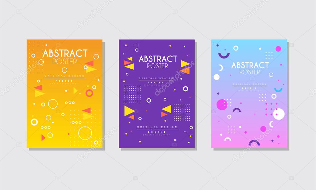 Abstract Poster Design Set, Bright Creative Cover, Brochure, Banner, Card with Geometric Shapes Vector Illustration