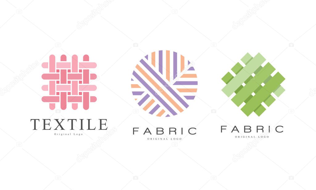 Fabric Logo Design Set, Textile Business Identity, Fashion Designer Badges Flat Vector Illustration Isolated on White Background.