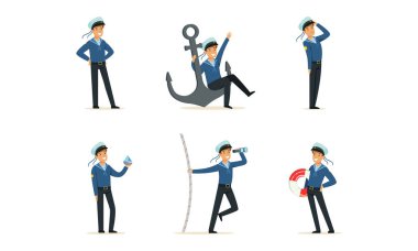 Çizgili Yelekli Denizci ya da Denizci Watercraft Vector Set 'de çalışıyor