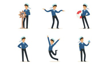 Çizgili Yelekli Denizci ya da Denizci Watercraft Vector Set 'de çalışıyor