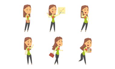 İş Kadını Çoklu Görev Yoğun Çalışma Günü Vektörü Ayarlı Evrak Çantası Karakteri