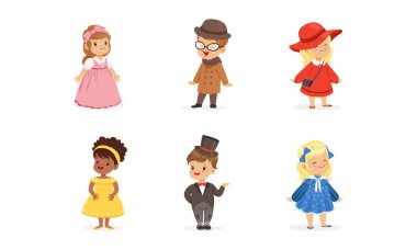 Zarif Giyinen Küçük Çocuklar ve Kıyafet Vektörü Seti