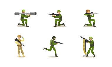 Ordu Askerleri Seti, Kamuflaj Giysileri Giyen Adamlar ve Silah Çizgi Filmi Vektör Resimli Miğfer