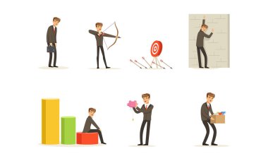 Ekonomik sorunları olan depresyondaki İşadamı Seti, İş Sorunları, Yatırım Başarısızlığı, İflas ve Kriz Çizgi Filmi Vektörü İllüstrasyonu