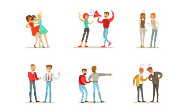 Tartışma ve Tartışma Seti, Erkek ve Kadın Kişiler Sorunları Çözüyor, Kavgada Kavga ve Gevşek Öfke Çizgi Film Vektör Resimlerinde