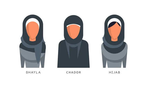 Muslim Female Headgears Set, Shayla, Chador, Hijab Headdress Flat Vector Illustration - Stok Vektor