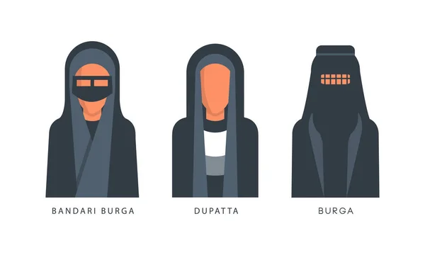Muslim Perempuan Headgears Set, Bandari Burga, Duratta, Burga Headdress Flat Vector Illustration - Stok Vektor