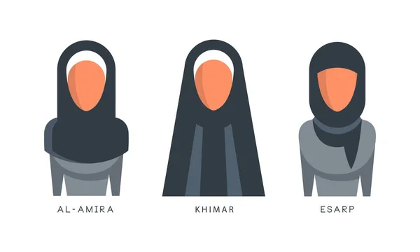 Muslim Perempuan Headgears Set, Al-amira, Khimar, Esarp Headdress Flat Vector Illustration - Stok Vektor