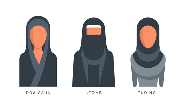 Muslim Female Headgears Set, Doa Gaun, Niqab, Tuding Headdress Flat Vector Illustration - Stok Vektor