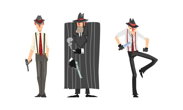 Gangsters masculinos em trajes retro com conjunto de armas, personagens da máfia ilustração vetorial dos desenhos animados — Vetor de Stock