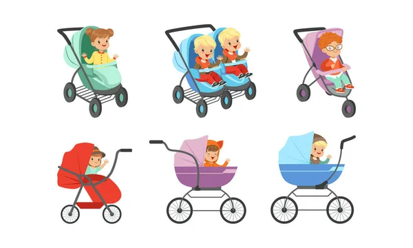 Little Toddlers Sitting in Baby Carriage or Pram Vector Set — Stock Vector