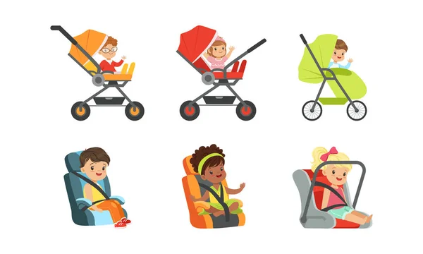 Little Toddlers Sitting in Baby Carriage or Pram Vector Set — Stock Vector