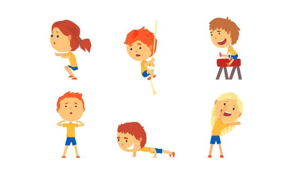 Little Boy and Girl Engaged in Physical Education and Athletics Jumping Over Pommel Horse and Stretching Vector Set — Stock Vector